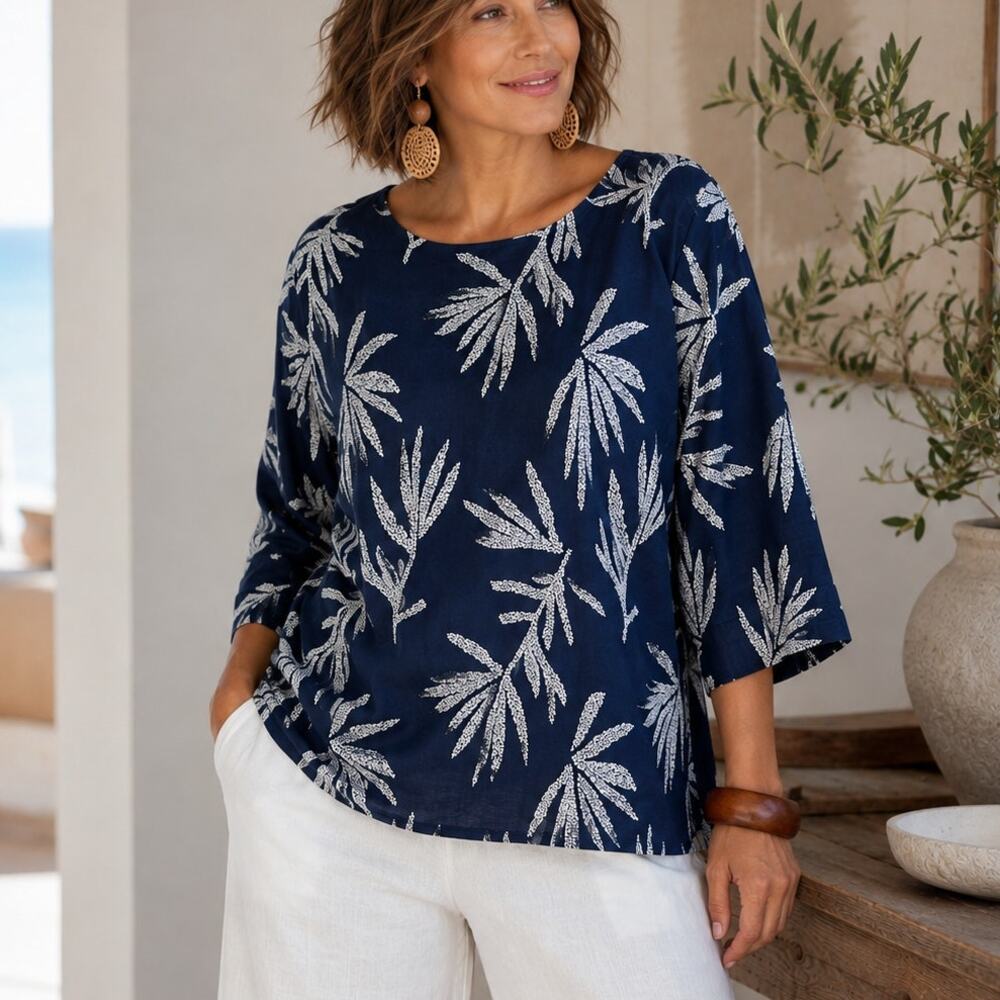 Charter Club Luxury 100% Linen Tunic Women's Size XL Palms Tropical Resort Wear